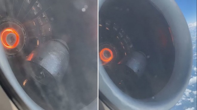 Động cơ máy bay hỏng nặng giữa không trung. Ảnh chụp từ clip trên Twitter.