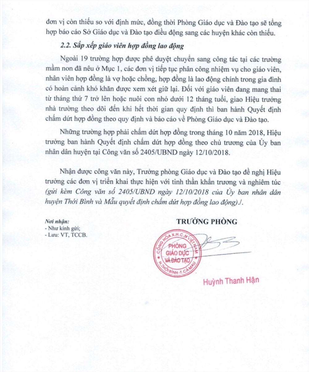 Một phần công văn quy định sinh con phải đúng quy trình của Phòng giáo dục Đào tạo huyện Thới Bình (ảnh Nhật Hồ)