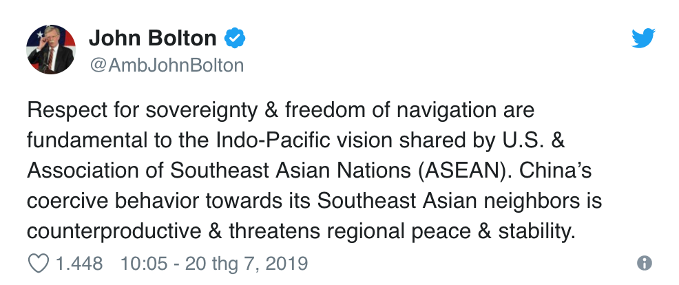 Cố vấn An ninh Quốc gia Mỹ John Bolton viết trên Twitter.