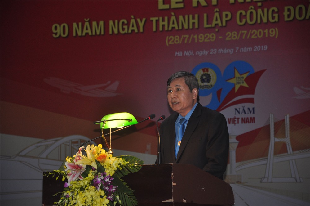 Đồng chí Trần Thanh Hải, Phó Chủ tịch Thường trực Tổng Liên đoàn Lao động Việt Nam phát biểu tại buổi lễ. Ảnh: Quế Chi