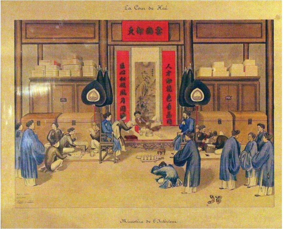 Bộ Lại (Ministère de l’Intérieur) “Bộ này có nhiệm vụ quản lý quan lại thuộc ban Văn, có nhiệm vụ bổ dụng, thuyên chuyển, thăng thưởng, khảo sát, phong tước, phong tặng… tương đương Bộ Nội vụ ngày nay. Cơ cấu lãnh đạo một bộ gồm một quan Thượng thư (bộ trưởng), hai quan Tham tri (thứ trưởng), và hai Thị lang (vụ trưởng), cùng các thuộc viên như Lang trung, Viên ngoại, chủ sự, tư vụ, thư lại.”