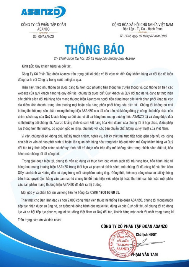 Văn bản phản đối của Chủ tịch Asanzo Phạm Văn Tam.