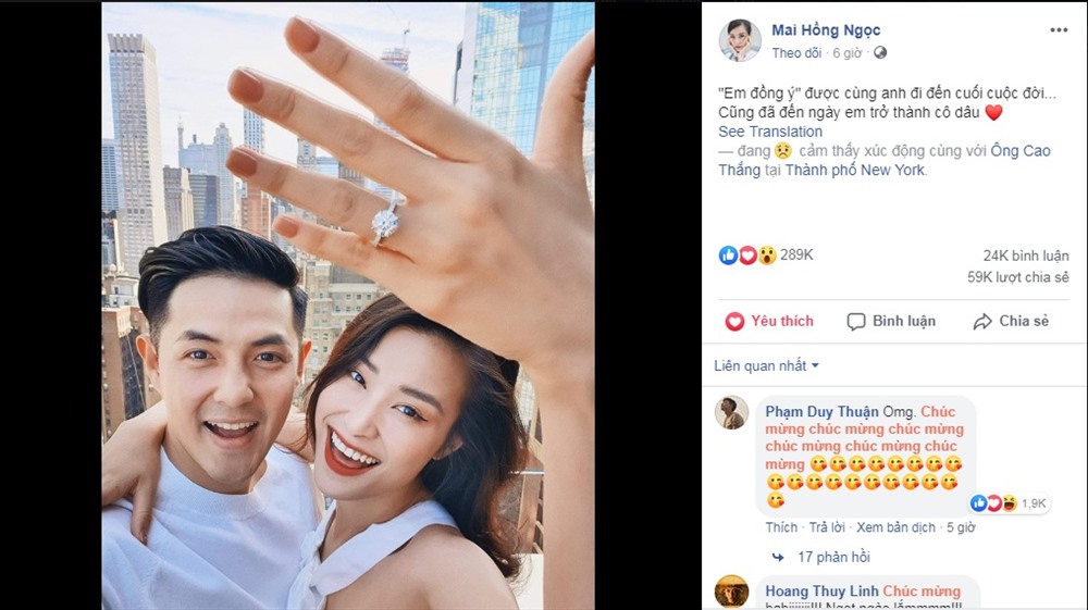 Đông Nhi đăng tải hình ảnh đeo nhẫn cưới, hạnh phúc bên Ông Cao Thắng. Ảnh: FBNV