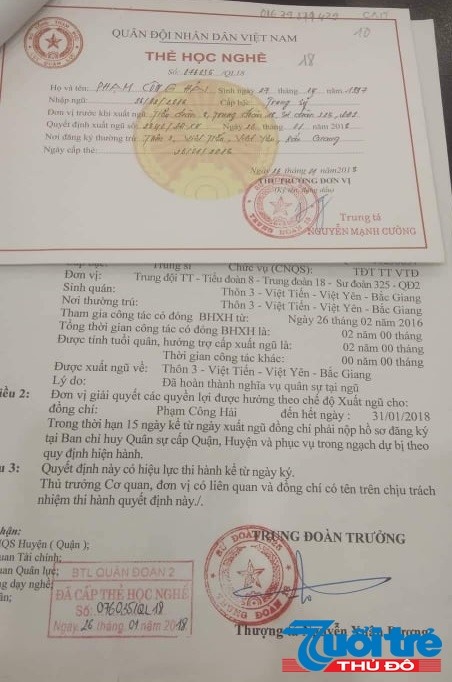 Thẻ học nghề của em Hải nộp vào Trung cấp nghề số 18 - Bộ Quốc Phòng tại Hà Nội từ năm 2018 nhưng không được đi học và nhận 1 triệu đồng từ cán bộ tuyển sinh.