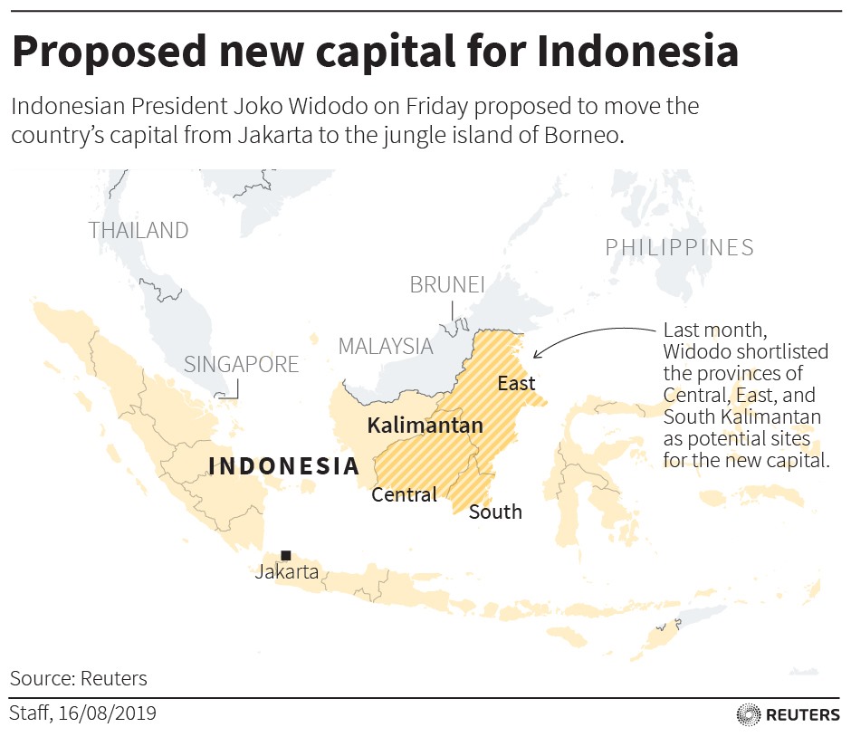 Vị trí đề xuất di dời thủ đô từ Jakarta đến Kalimantan. Ảnh: Reuters