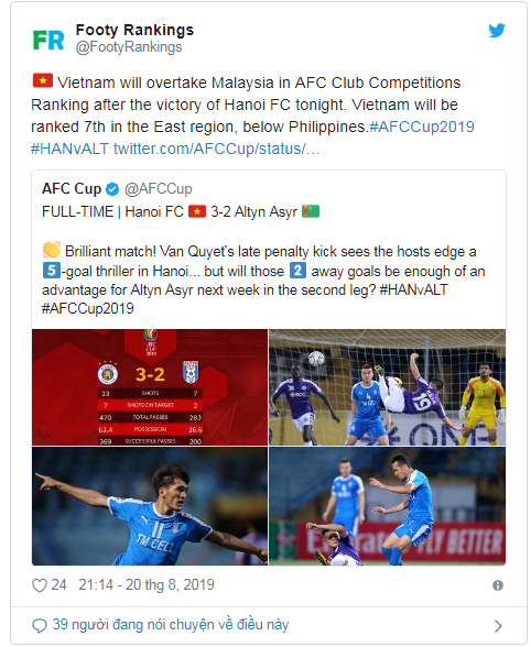 Trang twitter công bố sự thăng tiến của giải VĐQG Việt Nam.