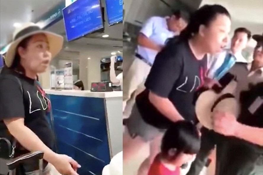Nữ hành khách liên tục buông lời xúc phạm nhân viên sân bay trước mặt con nhỏ. Ảnh: FB.