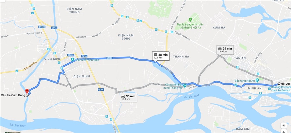 Đường đi đến cầu tre Cẩm Đồng từ hướng phố cổ Hội An. Ảnh: Googlemaps