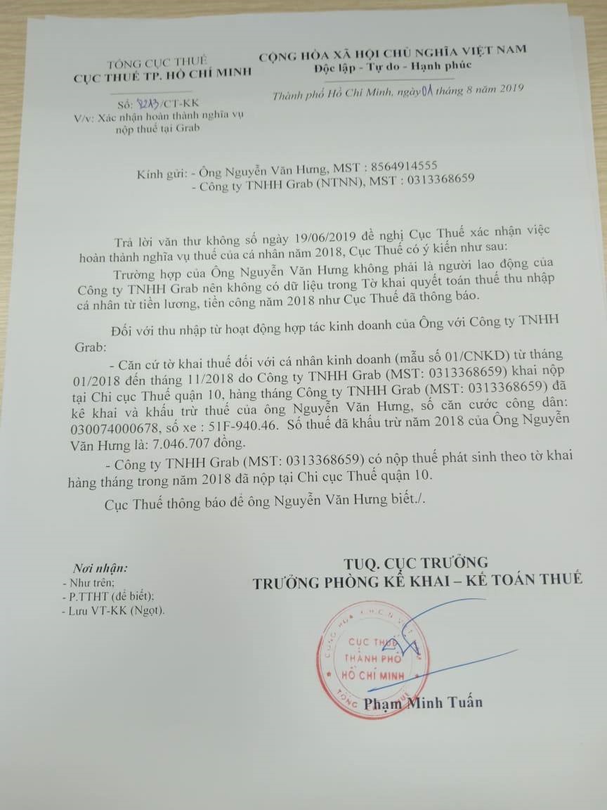 Công văn mới nhất Cục Thuế TP.HCM phản hồi cho Grab về việc nộp thuế hộ cho ông Hưng.