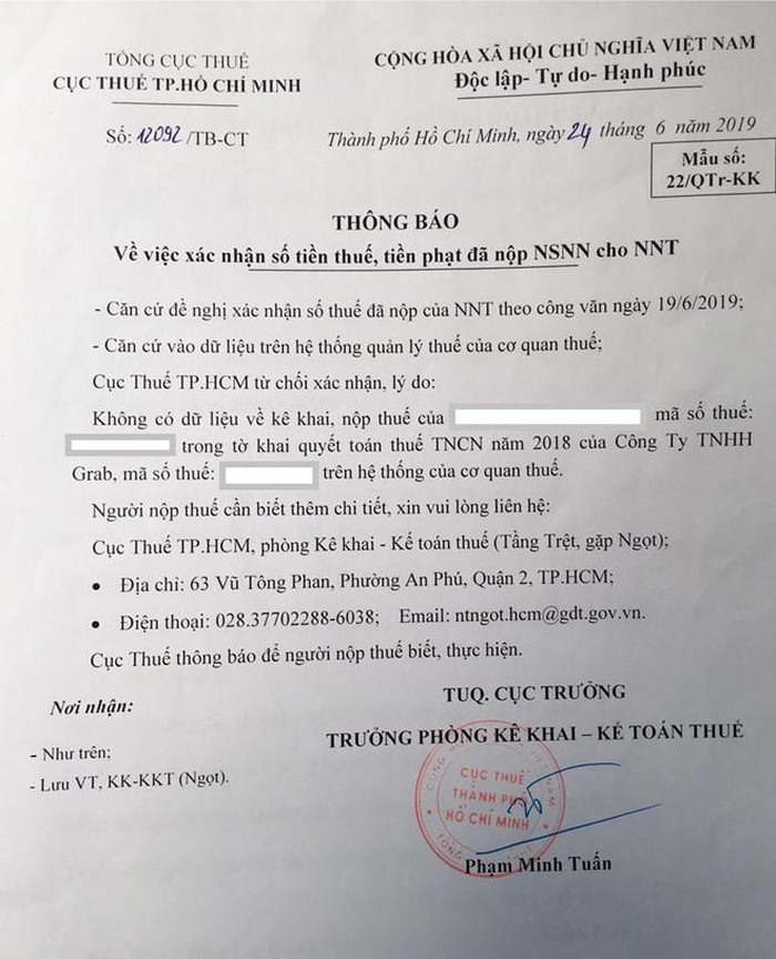 Từ văn bản này, ông Hưng nghi ngờ rằng Grab đã không đóng hộ thuế TNCN cho nhà nước (ảnh: Nhà đầu tư).
