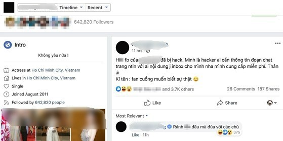 Nick Facebook có hàng trăm lượt theo dõi, được xác nhận chính chủ của một nữ diễn viên nổi tiếng bị hack vào tháng 5.2019