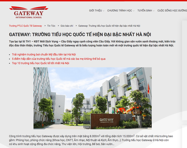 Bài viết quảng cáo trên trang web chính thức của trường Gateway. Ảnh: gateway.edu.vn.