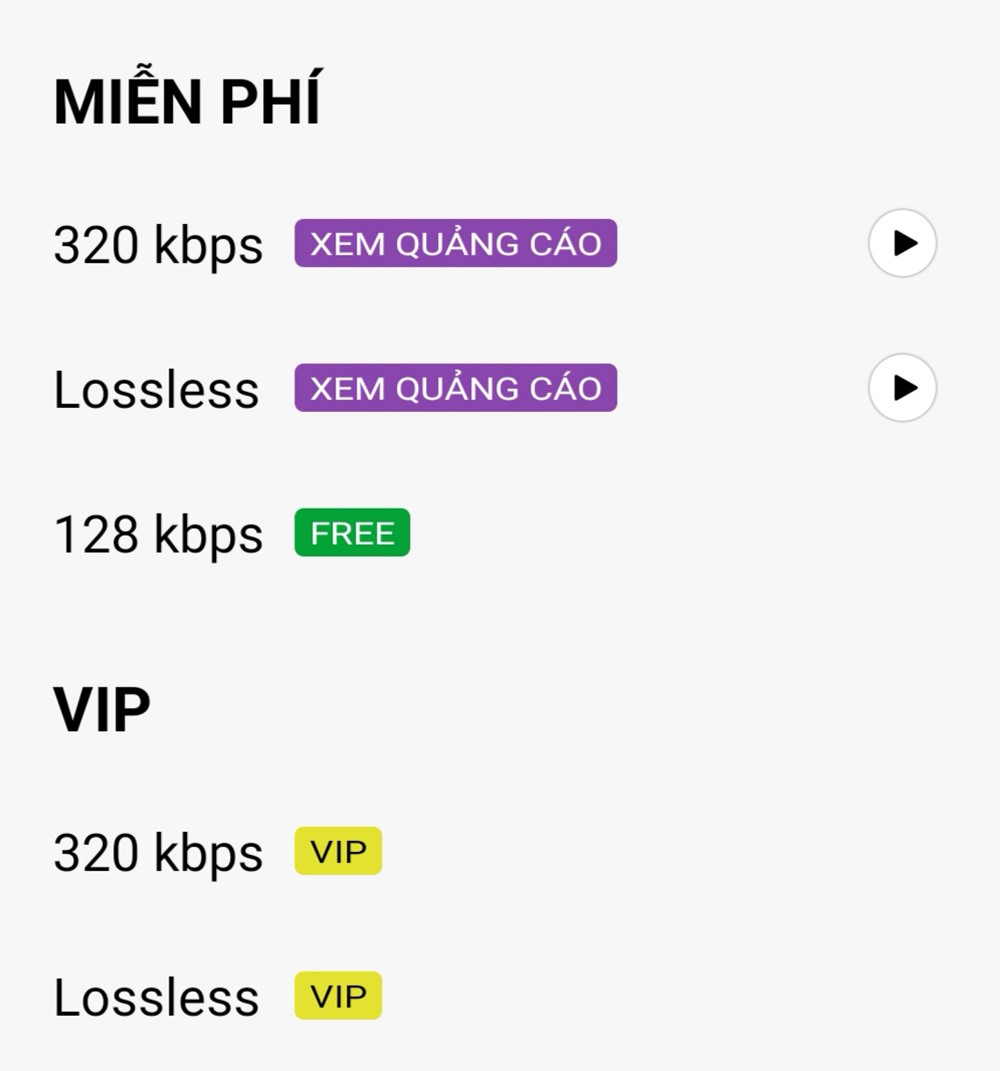 Người dùng phải trả phí cho Zing MP3 ở các mức khác nhau (ảnh chụp màn hình).