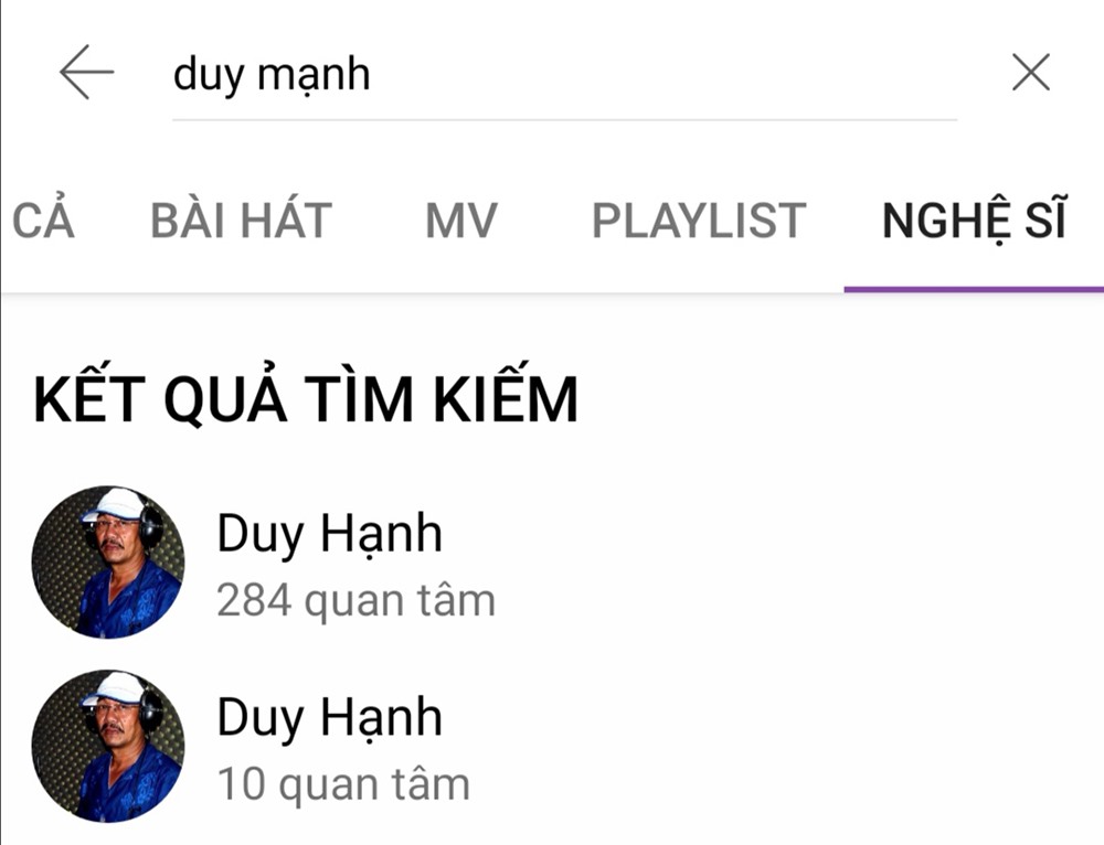 Tìm kiếm trên Zing MP3 không hiển thị kết quả ca sĩ Duy Mạnh (ảnh chụp màn hình).