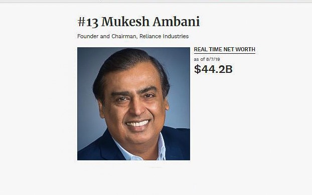 Theo số liệu cập nhật từ Forbes, Mukesh Ambani hiện đang giữ khối tài sản 44,2 tỉ USD, đứng thứ 13 trong top những người giàu có nhất thế giới.