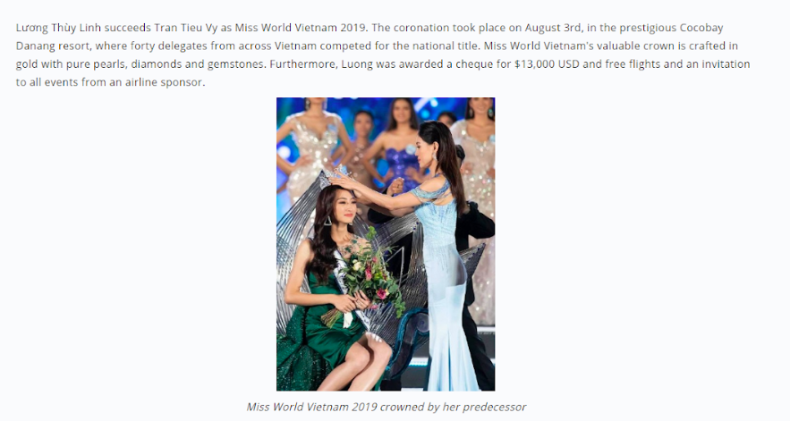 Trang Fanpage, trang chủ chính thức của Miss World đăng tải nội dung về Hoa hậu Lương Thuỳ Linh. Ảnh: Chụp màn hình.