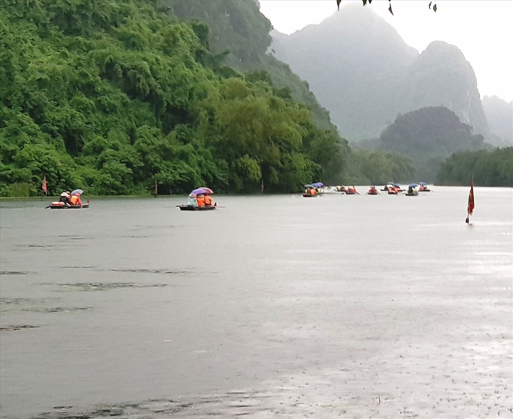 Dù trời mưa nhưng lượng khách du lịch đến Tràng An vẫn rất đông. Ảnh: NT