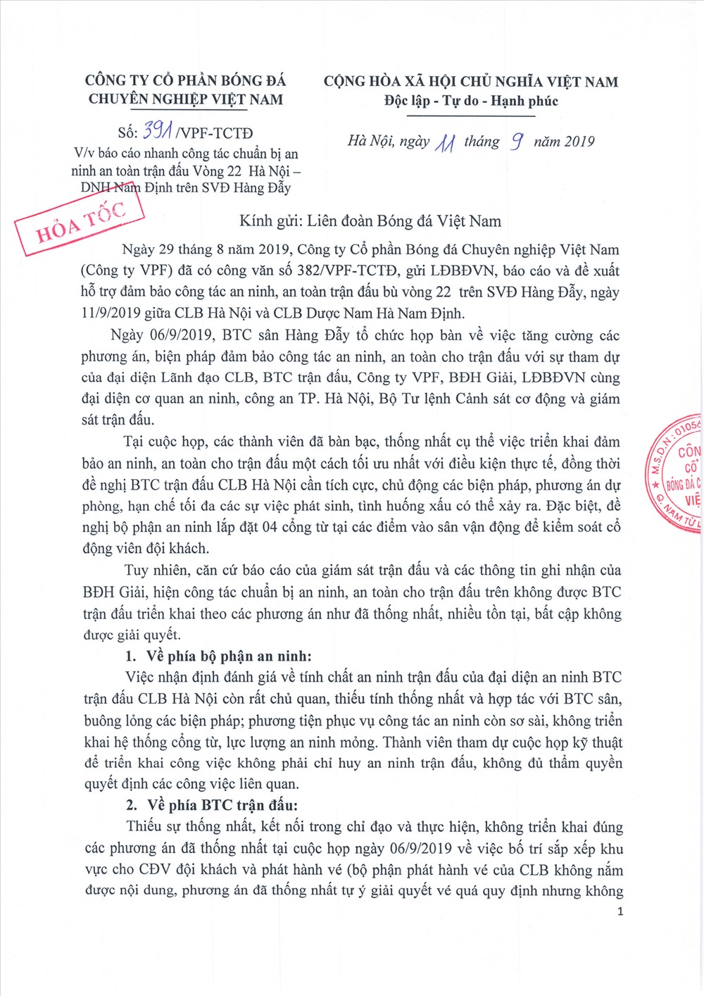Công văn VPF gửi VFF báo cáo, đề nghị trước trận Hà Nội - Nam Định.