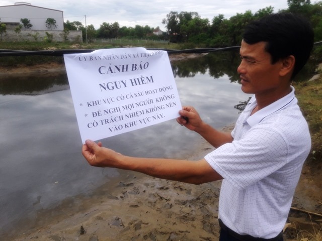 Dù không tổ chức tìm kiếm nữa, nhưng chính quyền xã Thạch Đài vẫn duy trì cảnh báo có cá sấu ở khúc sông Cầu Đông này. Ảnh: Trần Tuấn