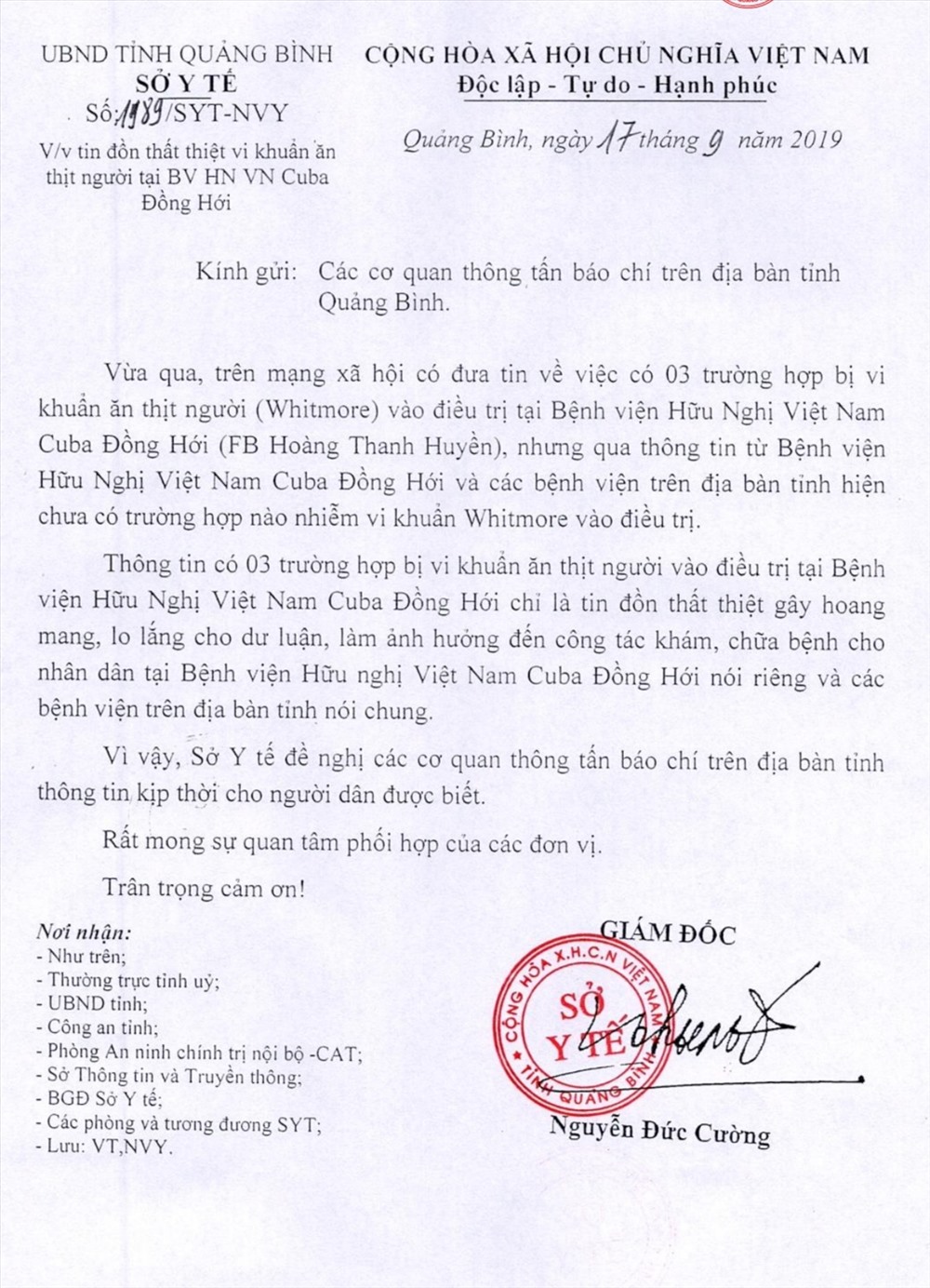 Công văn của Sở Y tế Quảng Bình. Ảnh: Lê Phi Long