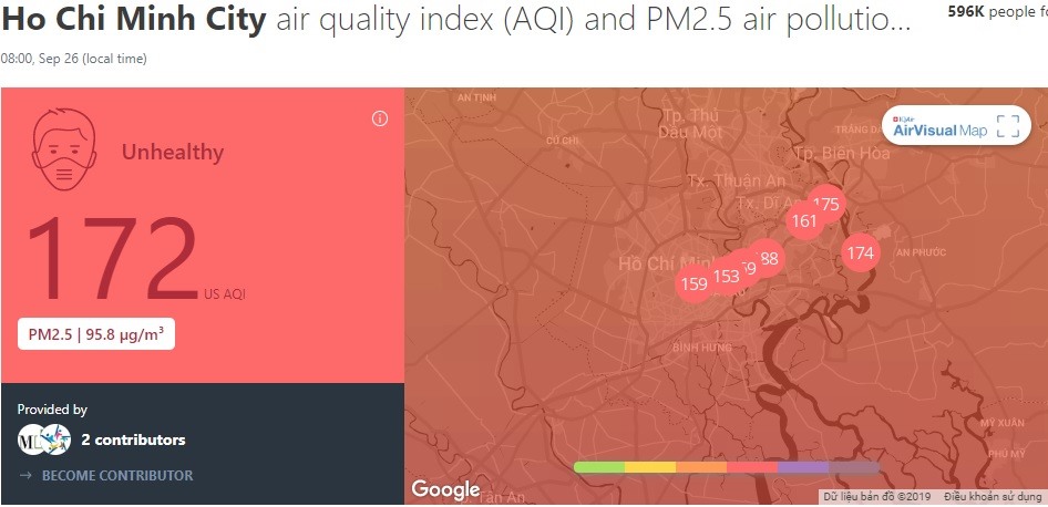 Website giám sát chất lượng không khí AirVisual cảnh báo không khí TP.Hồ Chí Minh ở mức ô nhiễm nặng (màu đỏ) - đây là mức thuộc nhóm có hại cho sức khoẻ của người dân.