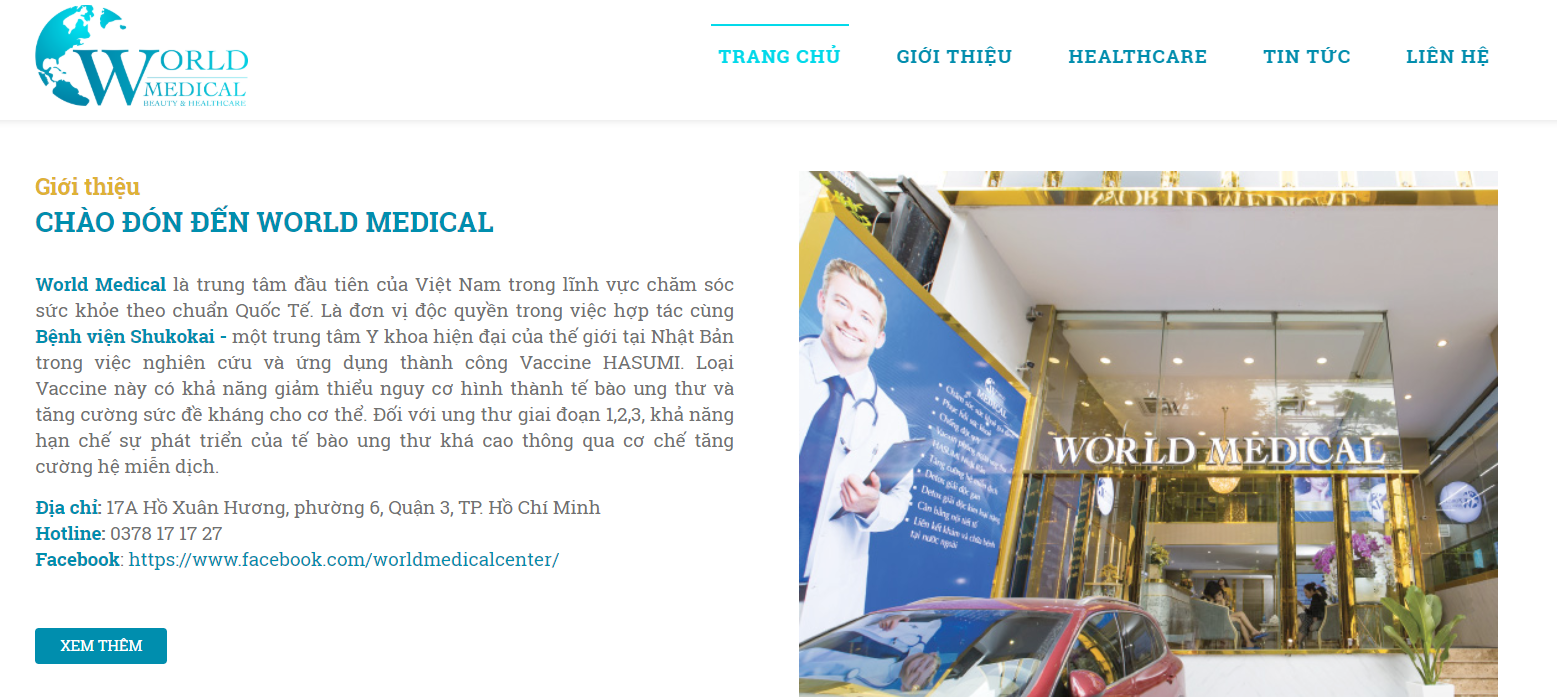Website của trung tâm làm đẹp và chăm sóc sức khỏe World Medical beauty & healthcare quảng cáo về công dụng “thần thánh” của vaccine Hasumi. Ảnh chụp màn hình