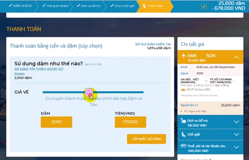 Giao diện thanh toán vé Cash & Miles trên website Vietnam Airlines.