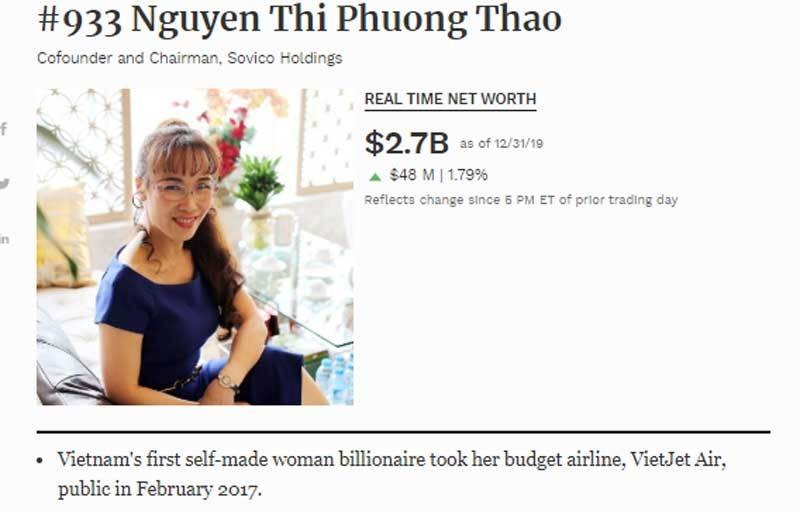 Bà Nguyễn Thị Phương Thảo vẫn trong top 1.000 người giàu nhất hành tinh và là nữ doanh nhân số 1 Đông Nam Á. Ảnh Forbes