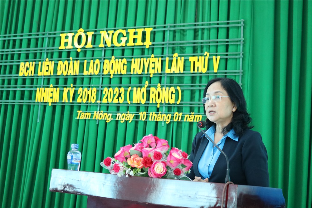 Đồng chí Nguyễn Thị Thu Ba - PCT LĐLĐ tỉnh phát biểu. Ảnh: Lan Ngô