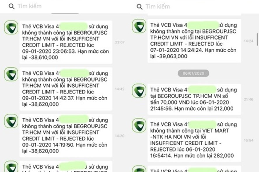Ngày 9.1.2019, dù không tiêu nhưng anh V (Hà Nội) bỗng nhận được tin nhắn hạn mức thẻ tín dụng Vietcombank Visa bị âm tới hơn 38 triệu đồng. Ảnh: LĐO