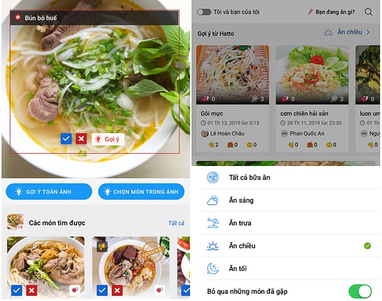 Giao diện nhận diện món ăn (bên trái) và giao diện gợi ý món ăn theo sở thích người dùng (bên phải). Ảnh: Hatto.