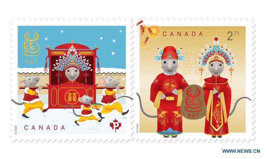 Một mẫu trong bộ tem chủ đề Canh Tý chào mừng năm mới của Bưu điện Canada. Ảnh: Xinhua