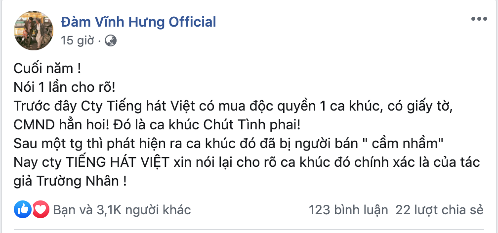 Đàm Vĩnh Hưng đính chính tác giả ca khúc Chút tình trên trang fanpage chính thức.