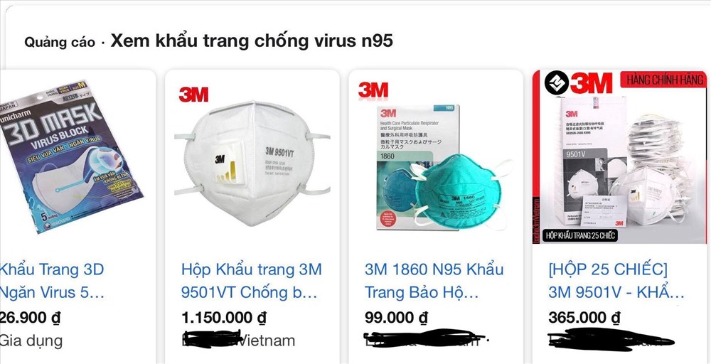 Khẩu trang chống virus N95 được bán trên internet. Ảnh chụp màn hình