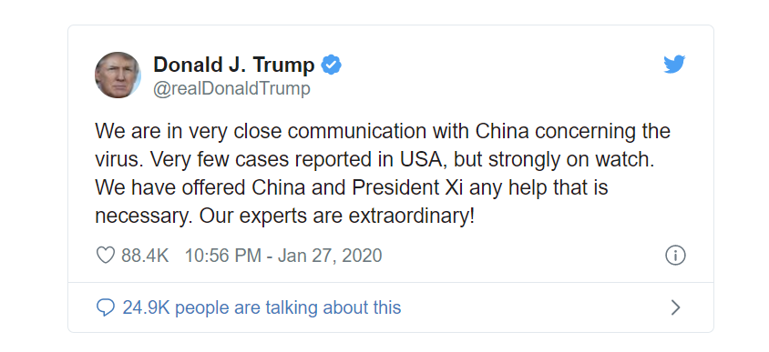Tổng thống Donald Trump khẳng định Mỹ sẽ trao mọi sự trợ giúp cần thiết để giúp Trung Quốc chống dịch virus Corona. Ảnh: CGTN.