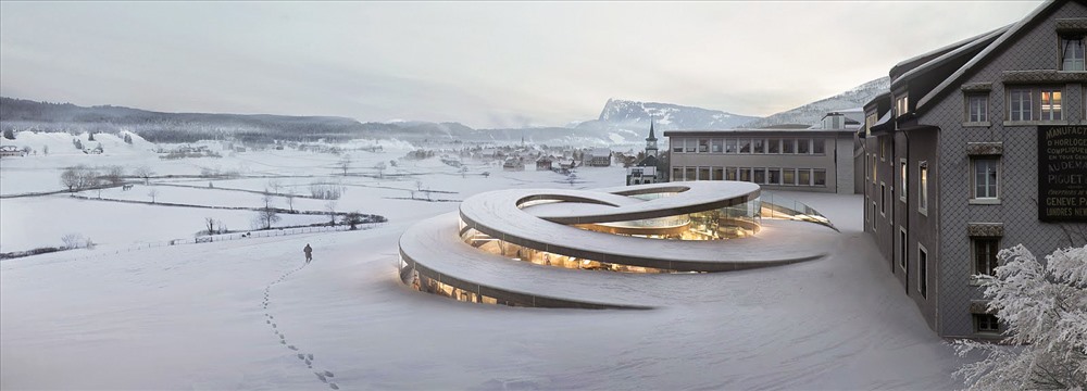 Bảo tàng của hãng đồng hồ Thụy Sĩ Audemars Piguet tại trụ sở chính ở Thụy Sĩ được thiết kế chìm một phần xuống mặt đất và cuộn lên từ cảnh quan để mang đến cái nhìn thoáng qua về một loạt các phòng trưng bày bằng kính và không gian sự kiện bên trong.