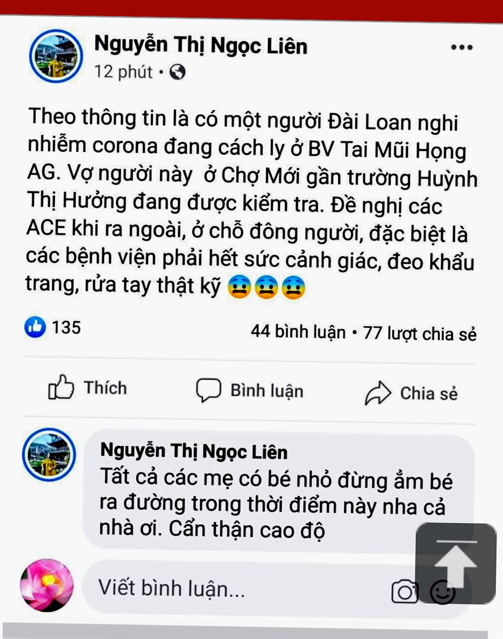 Thông tin từ tài khoản facebook Nguyễn Thị Ngọc Liên. Ảnh: LT