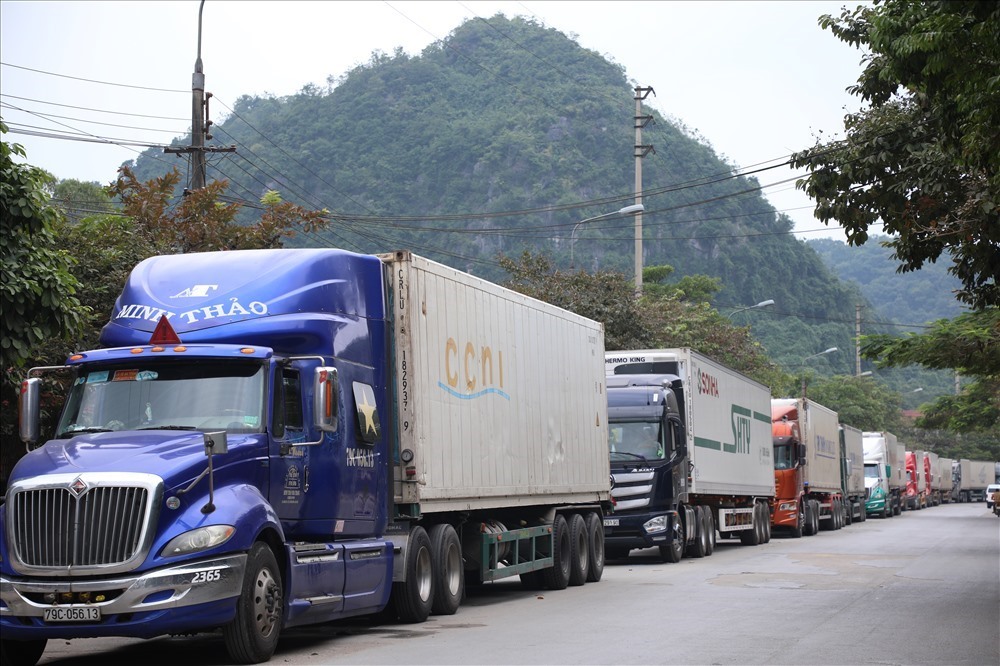 Hơn 100 xe container thanh long, dưa hấu đang chờ ở cửa khẩu Tân Thanh để được thông quan. Ảnh: C.T.V