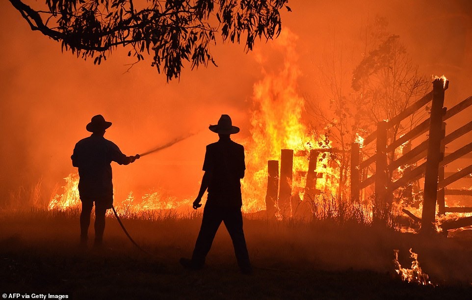 Người dân đang dập lửa ở Hillsville gần Taree, cách Sydney 350km về phía bắc.