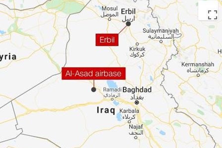 Địa điểm 2 căn cứ quân sự của Mỹ tại Iraq bị tên lửa tấn công sáng 8.1. Ảnh: CNN