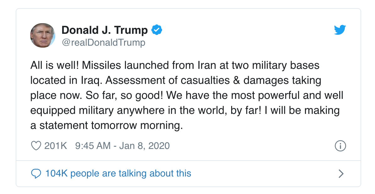 Tổng thống Donald Trump viết trên Twitter về việc Iran tấn công căn cứ Mỹ.