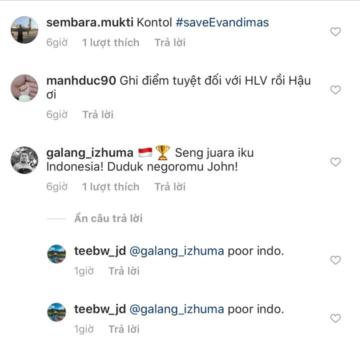 Instagram Văn Hậu ngập tràn bình luận của fan Indonesia. Ảnh chụp màn hình