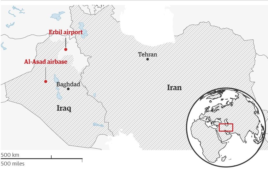 Vị trí hai căn cứ Mỹ ở Iraq bị Iran tấn công. Ảnh: The Guardian.