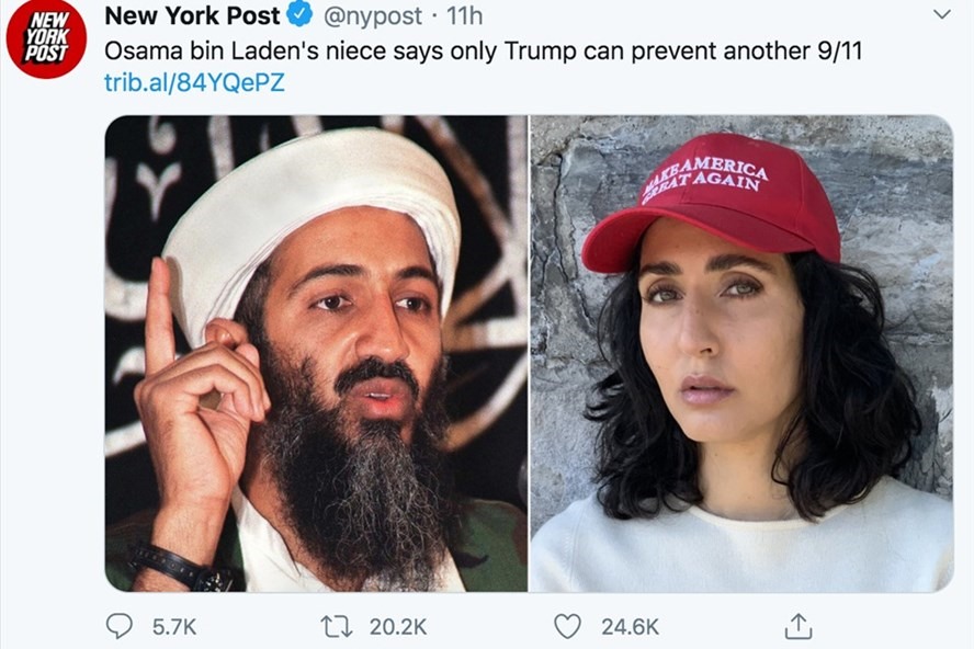 Tờ New York Post đăng trên Twitter cho biết cháu gái Osama bin Laden nói chỉ ông Donald Trump mới có thể ngăn chặn một vụ khủng bố 11.9 khác.