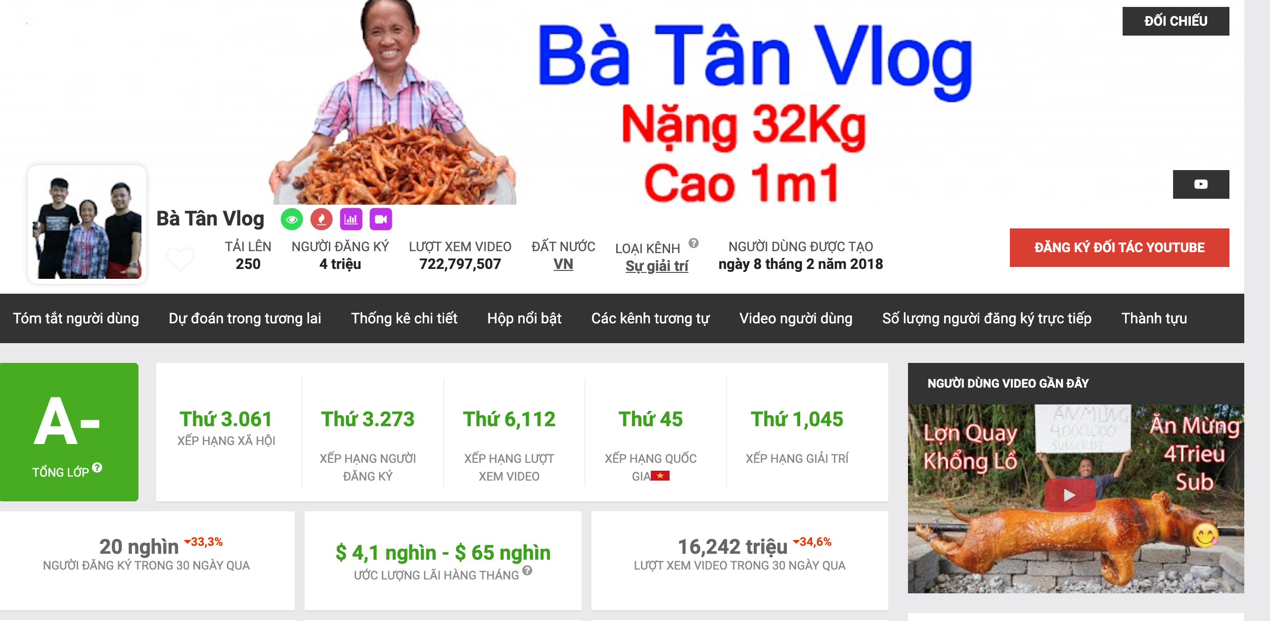 Thống kê của Social Bladde về kênh Bà Tân Vlog.