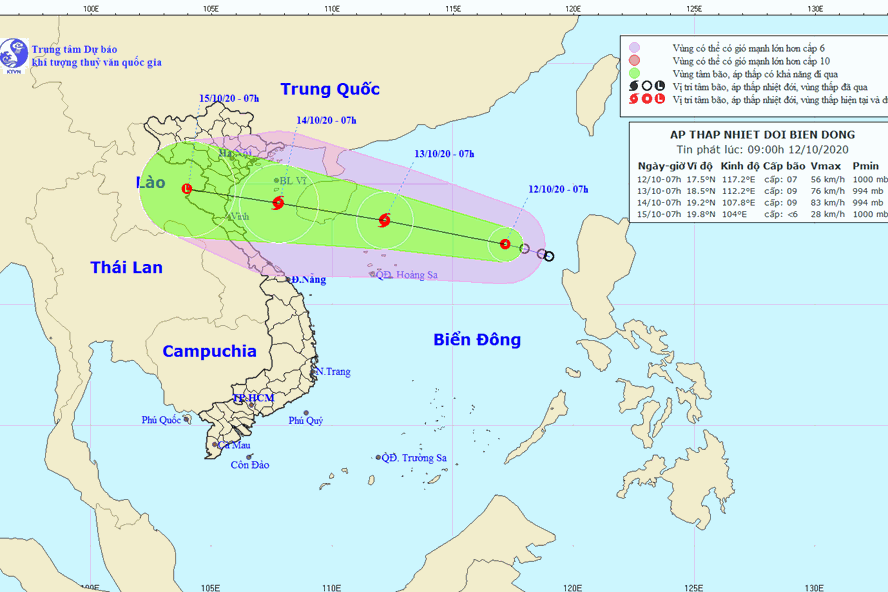 Vị trí và hướng đi của áp thấp nhiệt đới mới. Nguồn: NCHMF