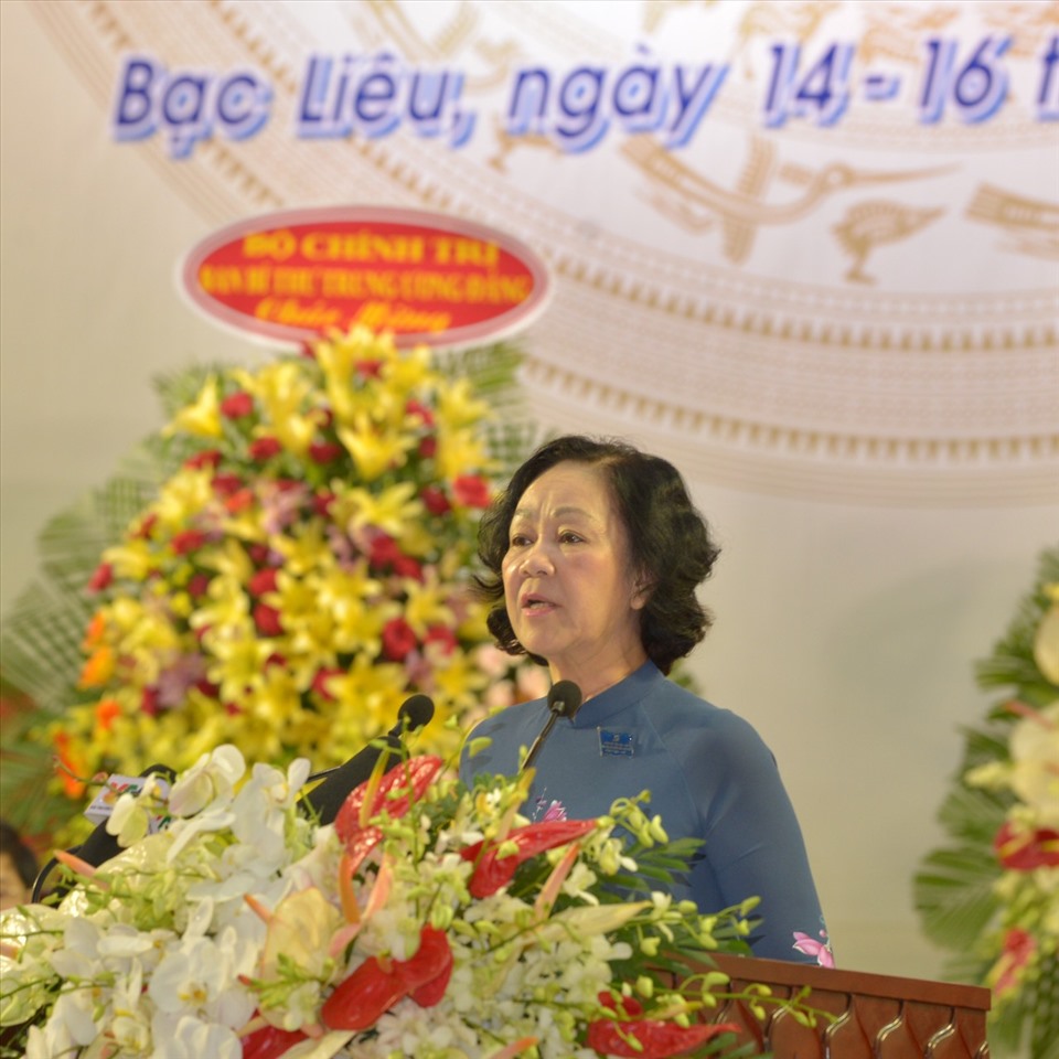 Đồng chí Trương Thị Mai, Ủy viên Bộ Chính trị, Bí thư Trung ương Đảng, Trưởng Ban Dân vận phát biểu tại Đại hội (ảnh Minh Đạt)