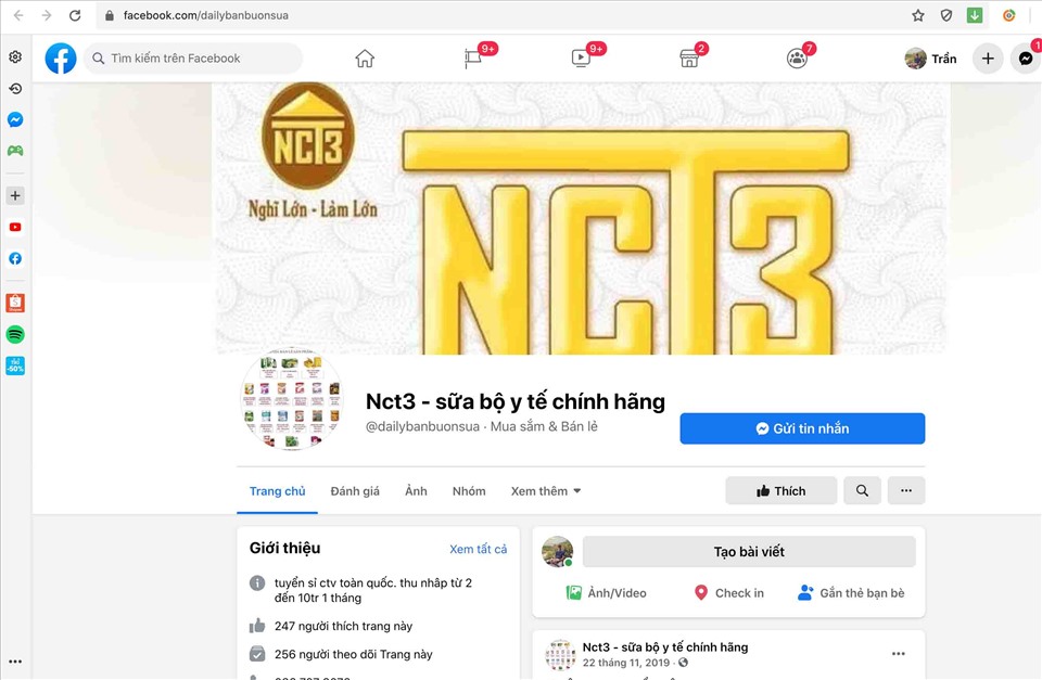 Nhiều nội dung trên mạng xã hội được các đại lý bán sữa của công ty NCT3 quảng cáo sai sự thật như thế này. Ảnh: Trần Tuấn.