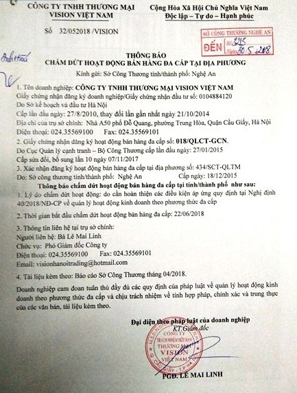 Vision Việt Nam gửi công văn đến từng địa phương để thông báo việc chấm dứt hoạt động đa cấp. (Ảnh tư liệu)