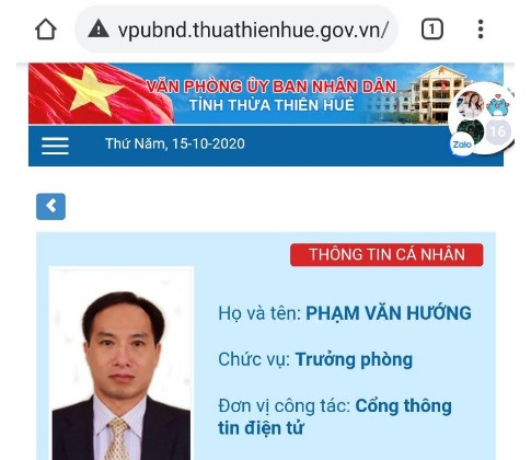 Hình ảnh anh Phạm Văn Hướng trên Cổng thông tin điện tử tỉnh Thừa Thiên -Huế. Ảnh chụp màn hình.